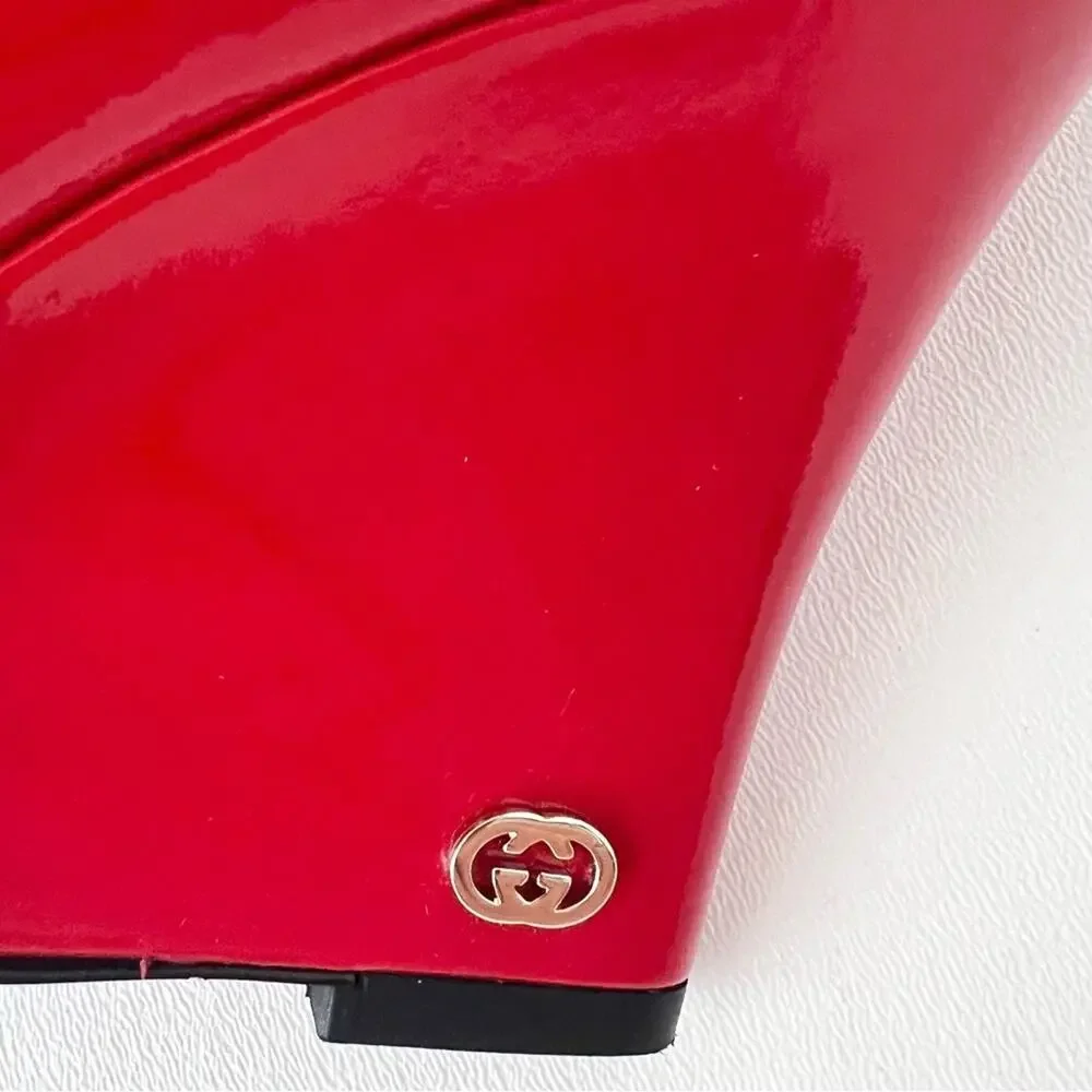 GUCCI | Red Patent Leather GG Logo Peep Toe Wedge Pumps Heels US 6